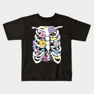 Grunge White Ribcage Pastel Flowers Pastel Goth Punk Kids T-Shirt